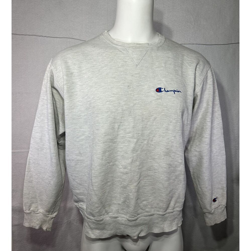VINTAGE Champion Mens XL Gray Script Logo Distressed Sweatshirt